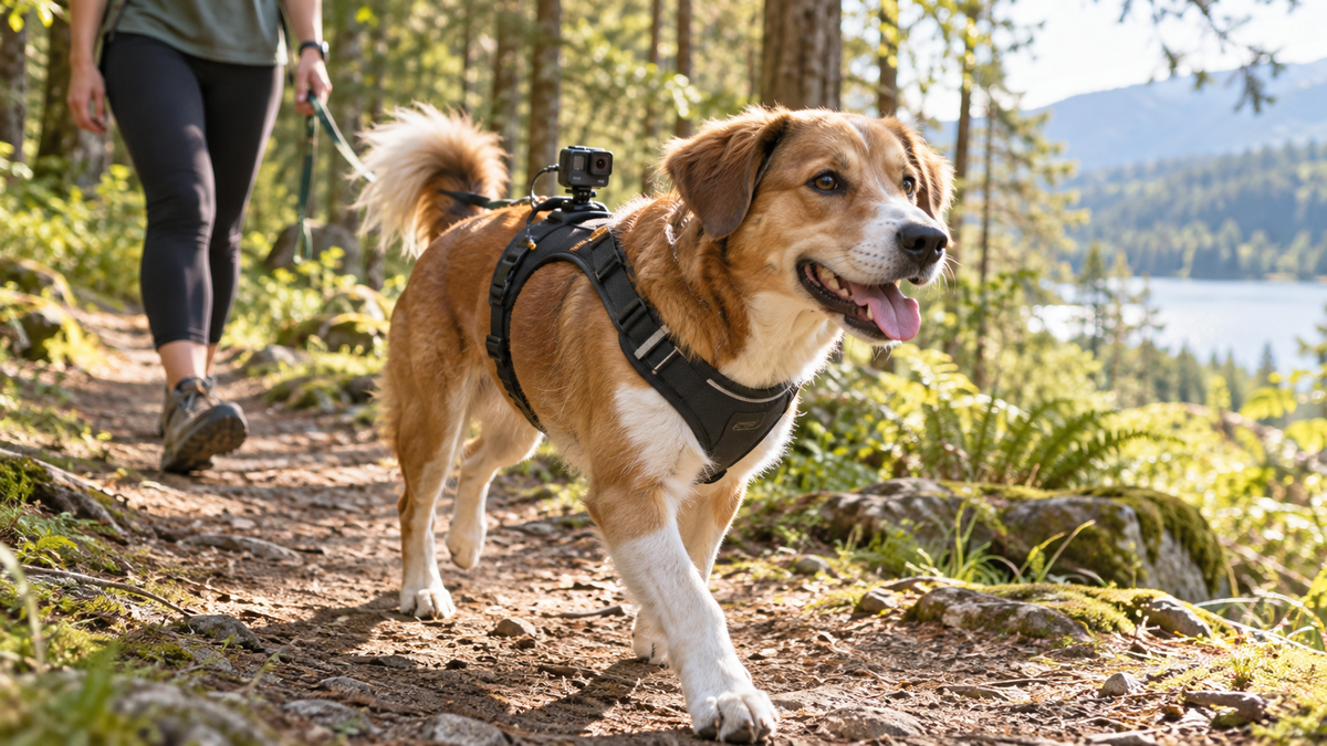 Dog wearing a fitted harness with a small action camera mounted on its upper back during a forest walk