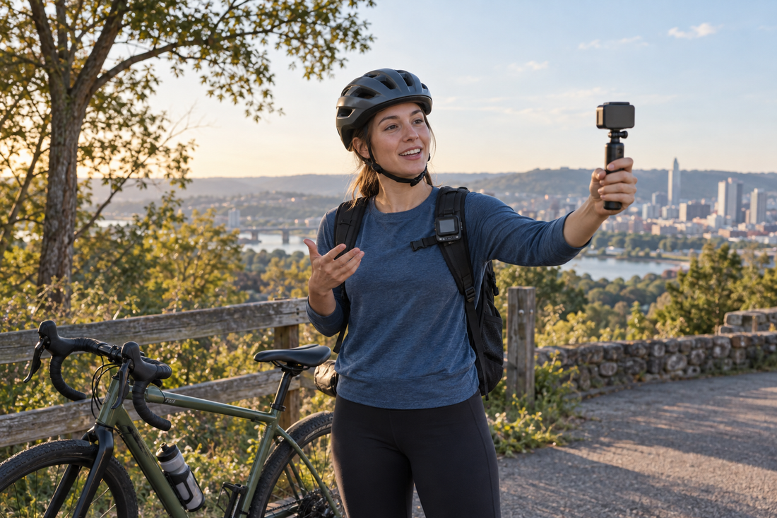 Cyclist safely stopped beside a bicycle recording a vlog with a small action camera at a scenic overlook