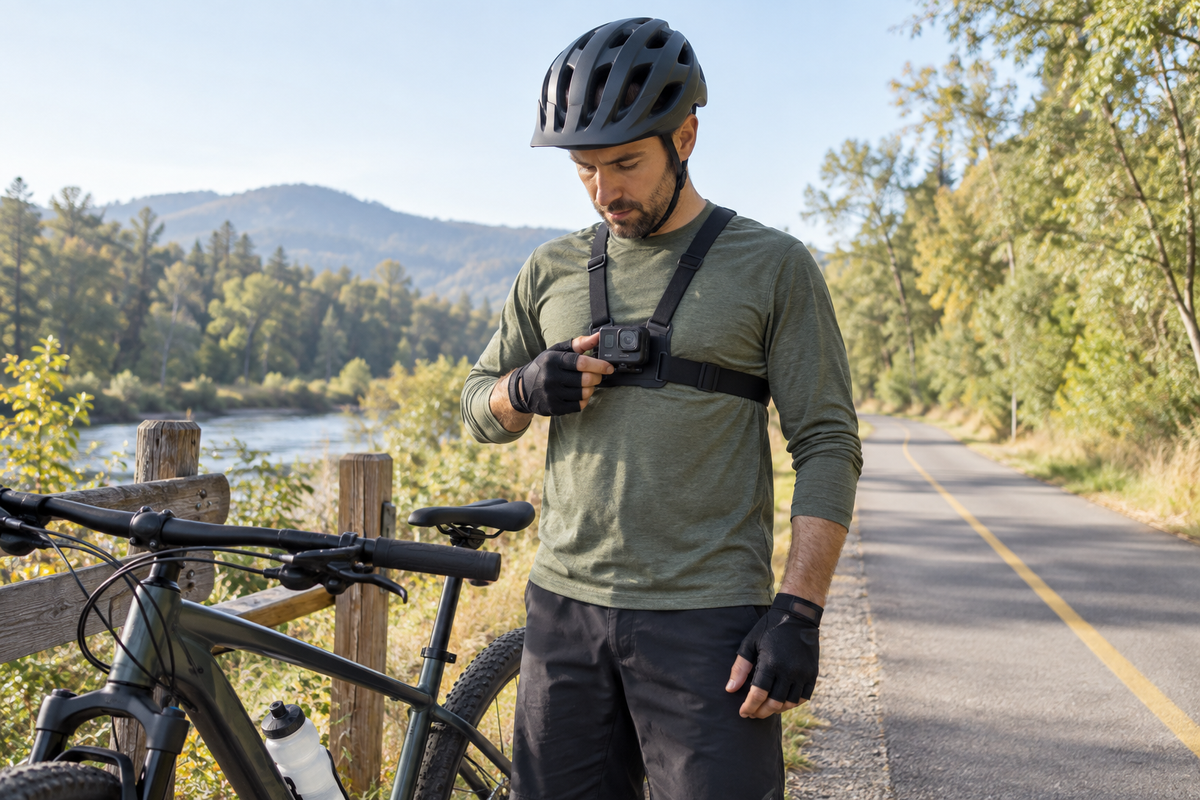 Cyclist stopped beside a bicycle checking a small chest-mounted camera on a trail