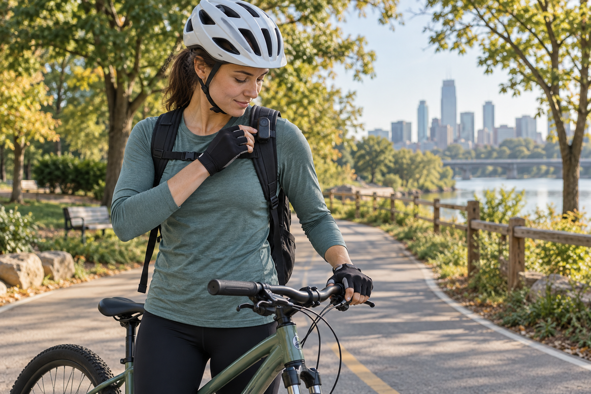 Cyclist checking a shoulder-mounted mini thumb camera before recording a POV ride