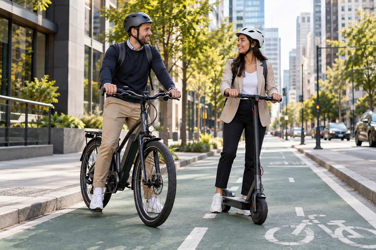 Commuters comparing an e-bike and folding electric scooter for city travel