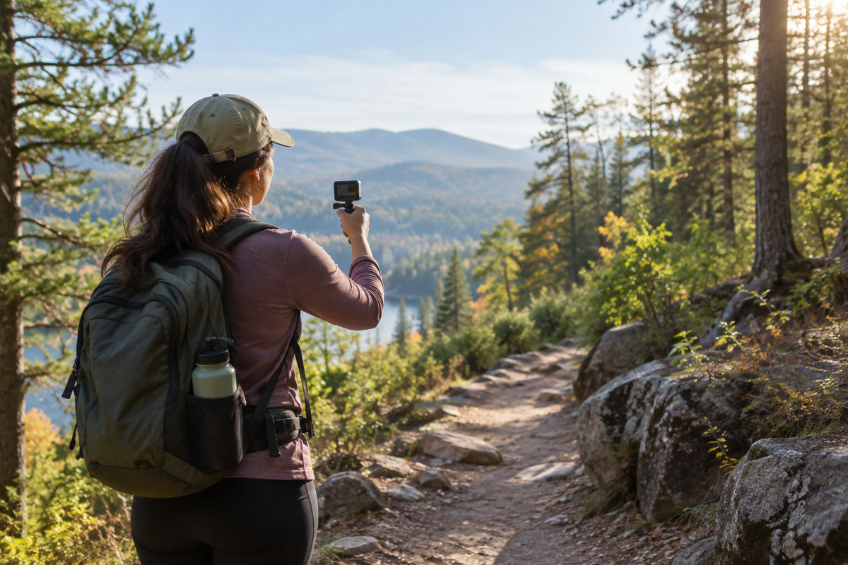 Beginner hiker filming a mountain trail for a first outdoor video