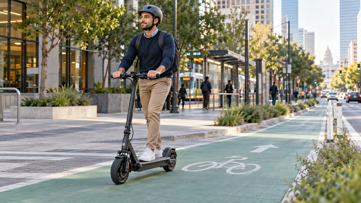 Adult commuter riding a folding electric scooter in a protected urban bike lane