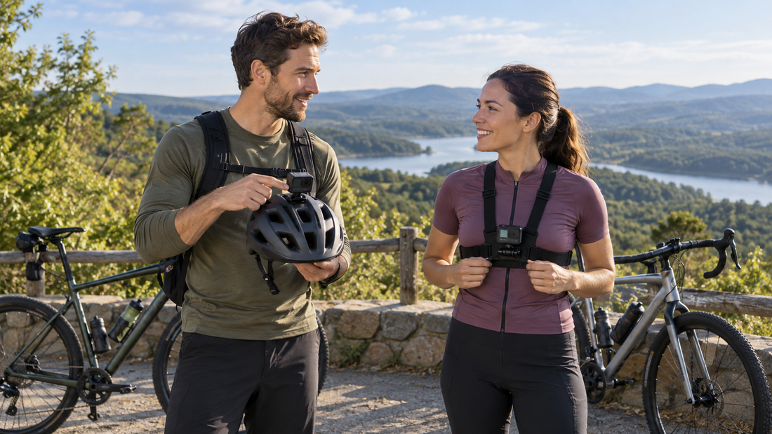 Two cyclists safely stopped beside their bikes comparing a helmet-mounted camera and a chest-mounted camera
