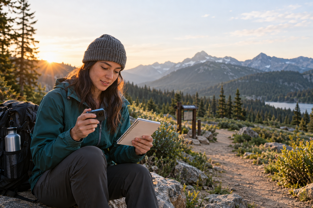 Beginner hiker planning a video shot list with a compact action camera at a mountain trailhead