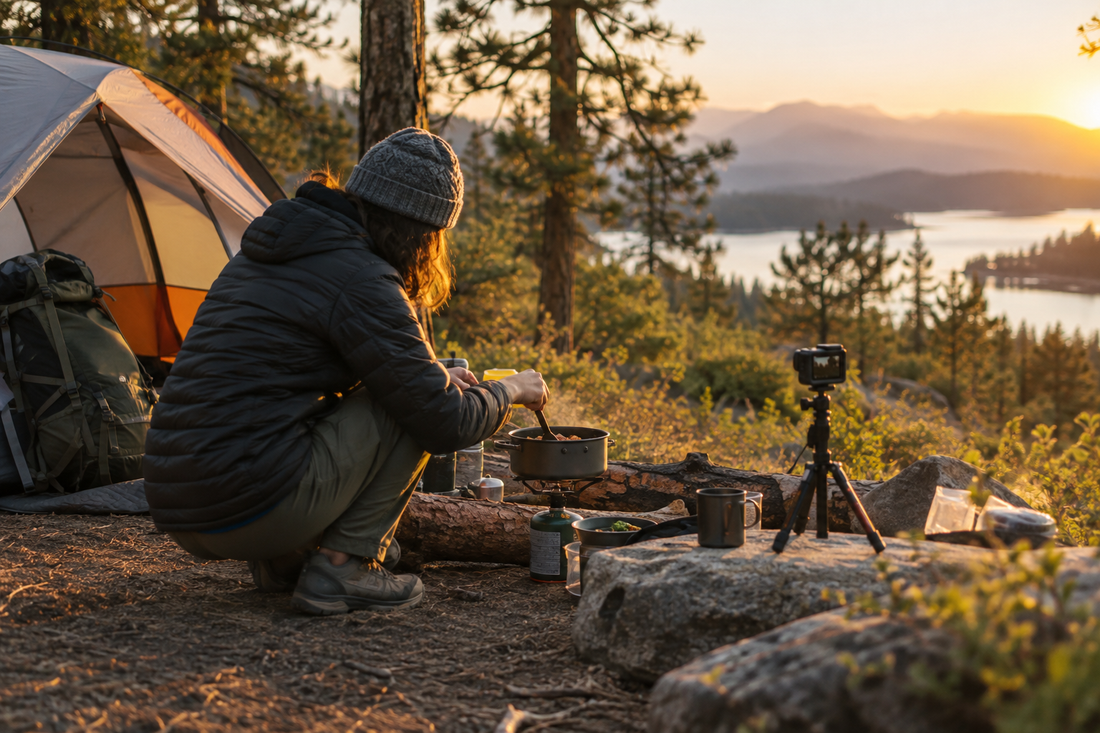 Camper filming a campsite cooking scene for an outdoor camping video