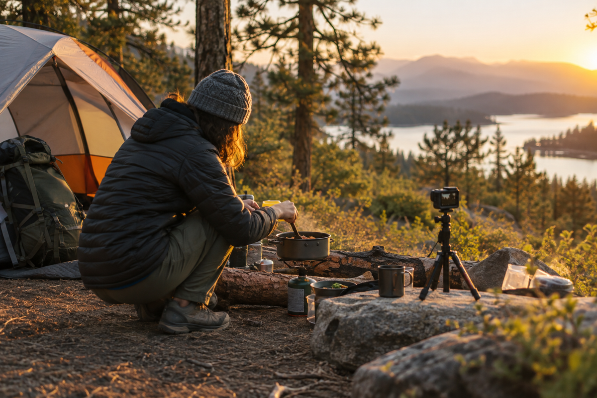 Camper filming a campsite cooking scene for an outdoor camping video