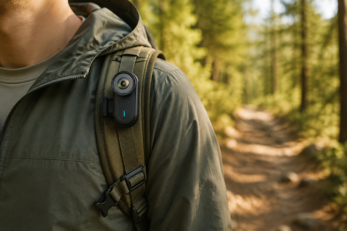 TOVEXI L22 wearable camera mounted securely on a hiker’s backpack strap