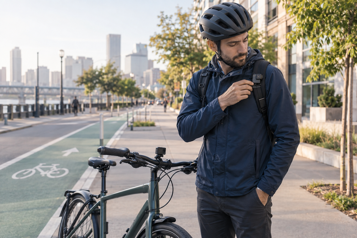 Bike commuter checking a small wearable action camera beside a bicycle on an urban bike lane