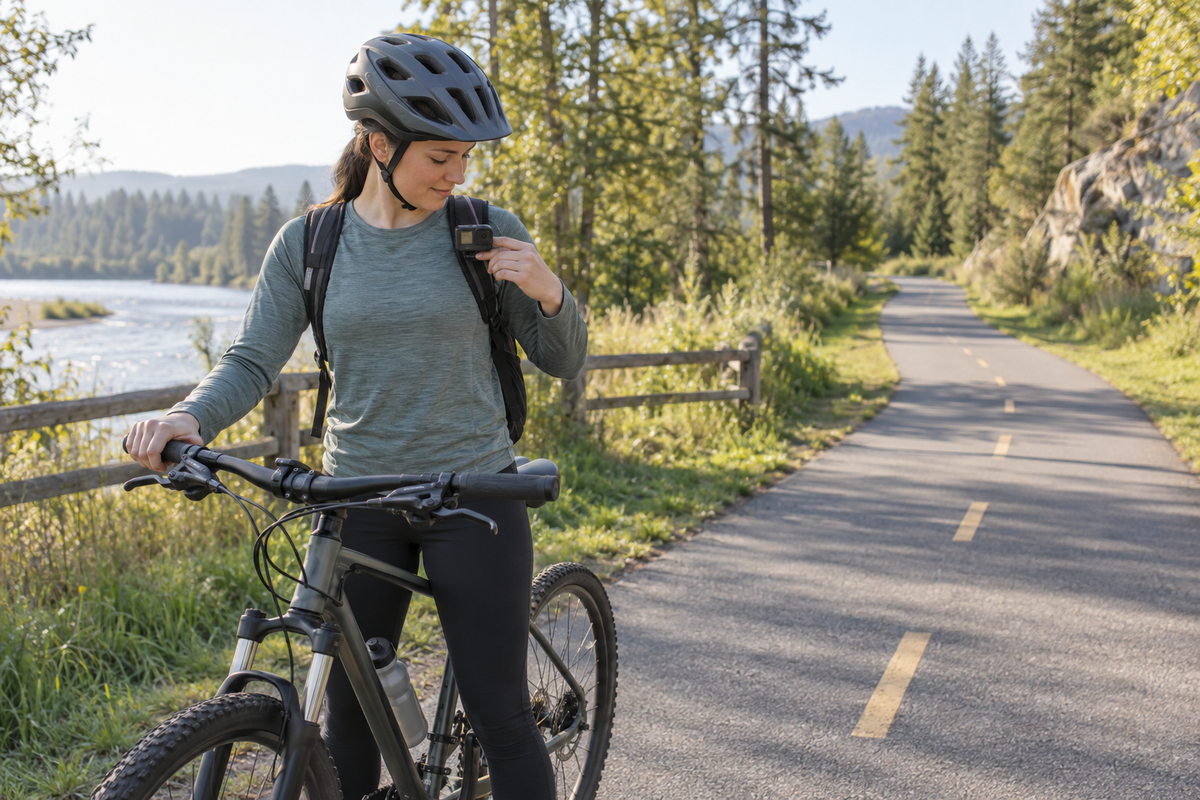 Cyclist checking a small wearable camera on a backpack strap beside a bike trail