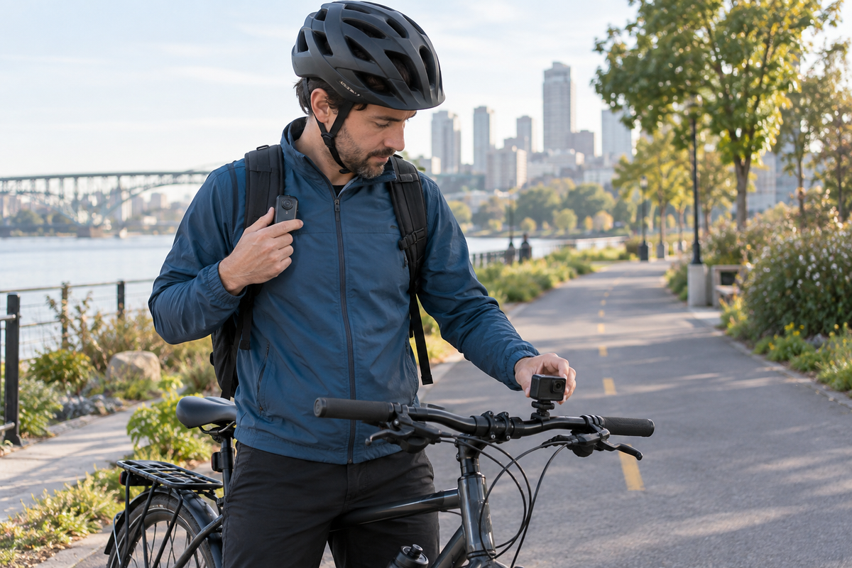 Cyclist stopped beside a bicycle comparing a small wearable camera and a handlebar-mounted bike camera